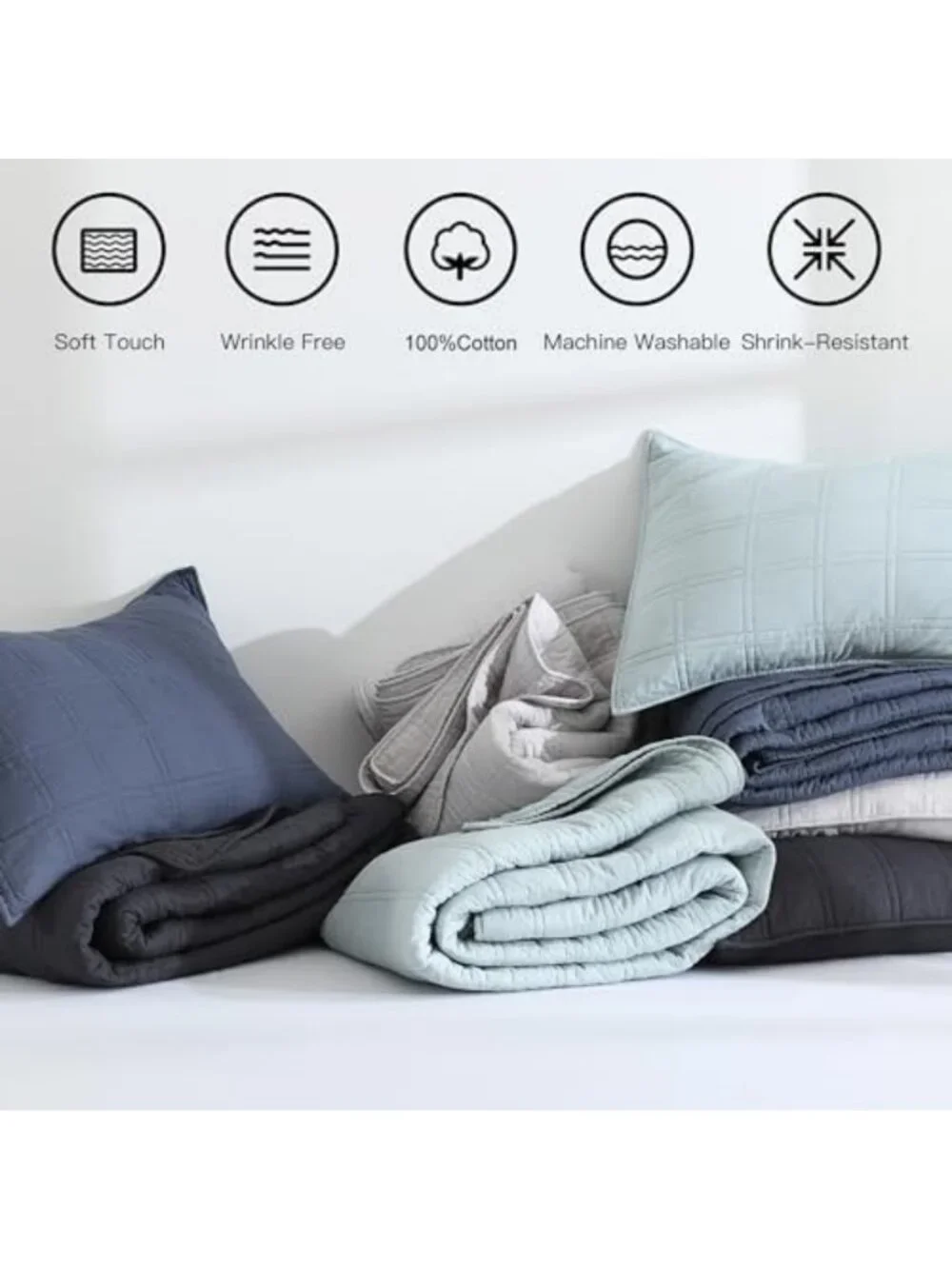 Cozy 100% Cotton Queen Quilt Set, Lightweight Charcoal Bedspread & 2 Shams